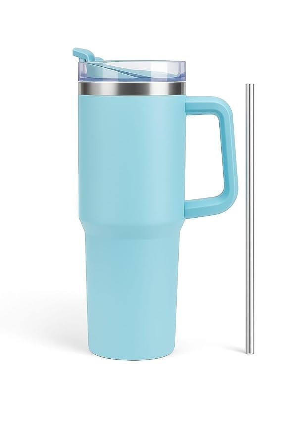 1200ml Stainless Steel Tumbler with Handle & Steel Straw | Double Wall Vacuum Insulated Mug | Spill Proof Lid | Beer & Cold Drink Travel Cup (Purple) (Black)