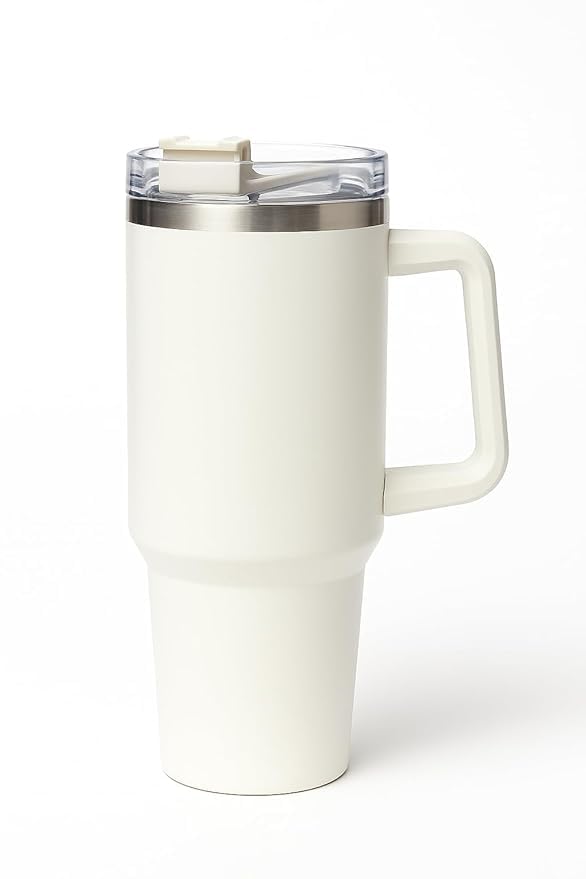 1200ml Stainless Steel Tumbler with Handle & Steel Straw | Double Wall Vacuum Insulated Mug | Spill Proof Lid | Beer & Cold Drink Travel Cup (Purple) (Black)