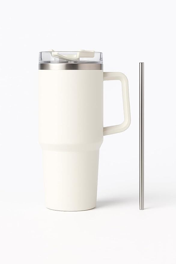 1200ml Stainless Steel Tumbler with Handle & Steel Straw | Double Wall Vacuum Insulated Mug | Spill Proof Lid | Beer & Cold Drink Travel Cup (Purple) (Black)