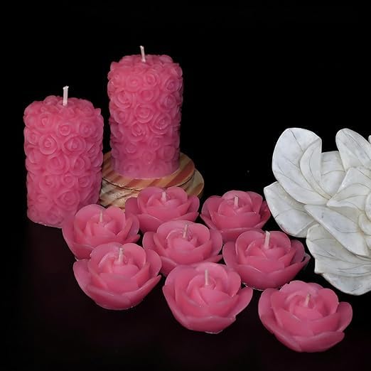 (Multicolor) Scented Candles for Home Decor, Rose Fragrance, Pillar Shape and Floating Combo, Red Color, Pack of 10, 4 X 7 Centimeters - Wax (Pink)