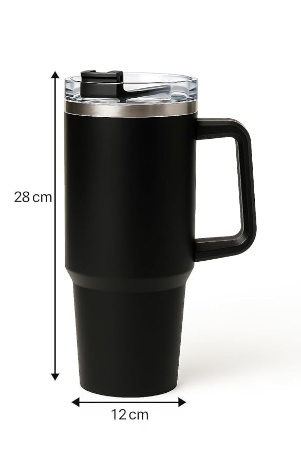 1200ml Stainless Steel Tumbler with Handle & Steel Straw | Double Wall Vacuum Insulated Mug | Spill Proof Lid | Beer & Cold Drink Travel Cup (Purple) (Black)