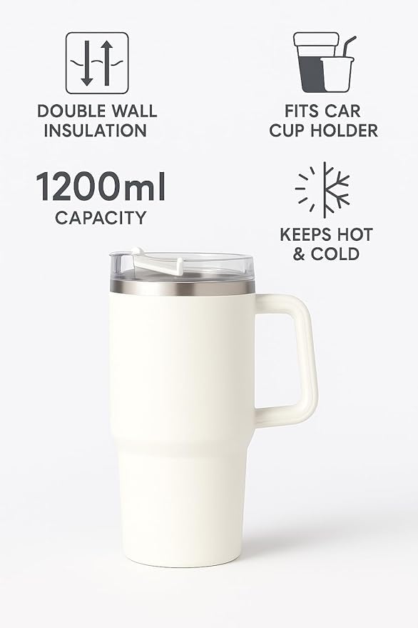 1200ml Stainless Steel Tumbler with Handle & Steel Straw | Double Wall Vacuum Insulated Mug | Spill Proof Lid | Beer & Cold Drink Travel Cup (Purple) (Black)