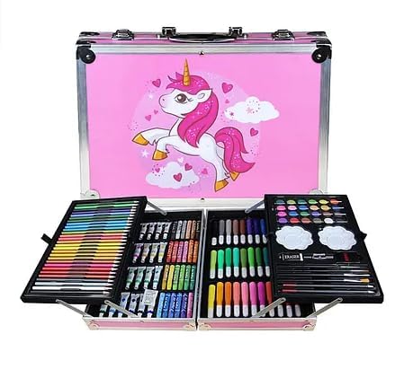 145 Pieces Art Set for Kids. 145 Pcs Color Set. Unicorn Painting Box. Drawing Colour Pencils, Oil Pastel, Watercolours, Sketches, Crayons & Paint Brush. Vanity Color Box for School Projects. (Pink)