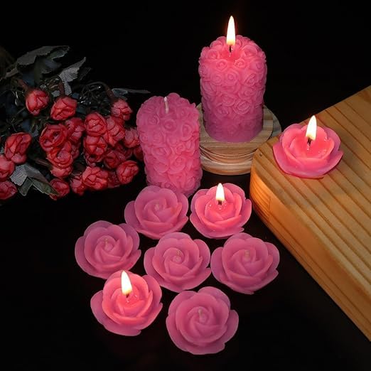 (Multicolor) Scented Candles for Home Decor, Rose Fragrance, Pillar Shape and Floating Combo, Red Color, Pack of 10, 4 X 7 Centimeters - Wax (Pink)