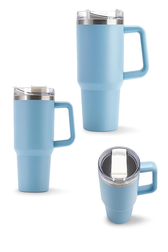 1200ml Stainless Steel Tumbler with Handle & Steel Straw | Double Wall Vacuum Insulated Mug | Spill Proof Lid | Beer & Cold Drink Travel Cup (Purple) (Black)