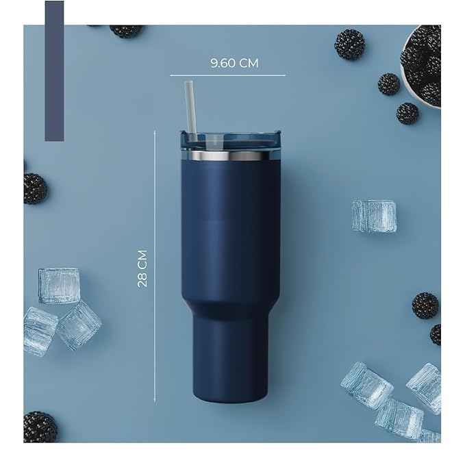 1200ml Stainless Steel Tumbler with Handle & Steel Straw | Double Wall Vacuum Insulated Mug | Spill Proof Lid | Beer & Cold Drink Travel Cup (Purple) (Black)