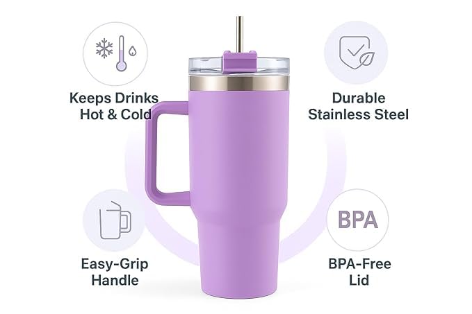 1200ml Stainless Steel Tumbler with Handle & Steel Straw | Double Wall Vacuum Insulated Mug | Spill Proof Lid | Beer & Cold Drink Travel Cup (Purple) (Black)