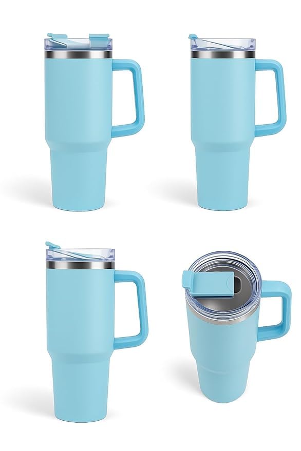 1200ml Stainless Steel Tumbler with Handle & Steel Straw | Double Wall Vacuum Insulated Mug | Spill Proof Lid | Beer & Cold Drink Travel Cup (Purple) (Black)