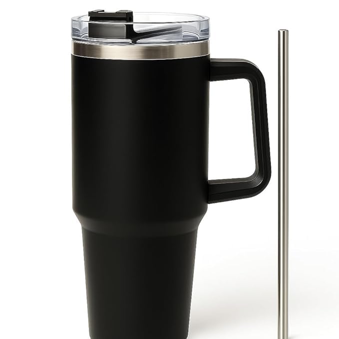 1200ml Stainless Steel Tumbler with Handle & Steel Straw | Double Wall Vacuum Insulated Mug | Spill Proof Lid | Beer & Cold Drink Travel Cup (Purple) (Black)