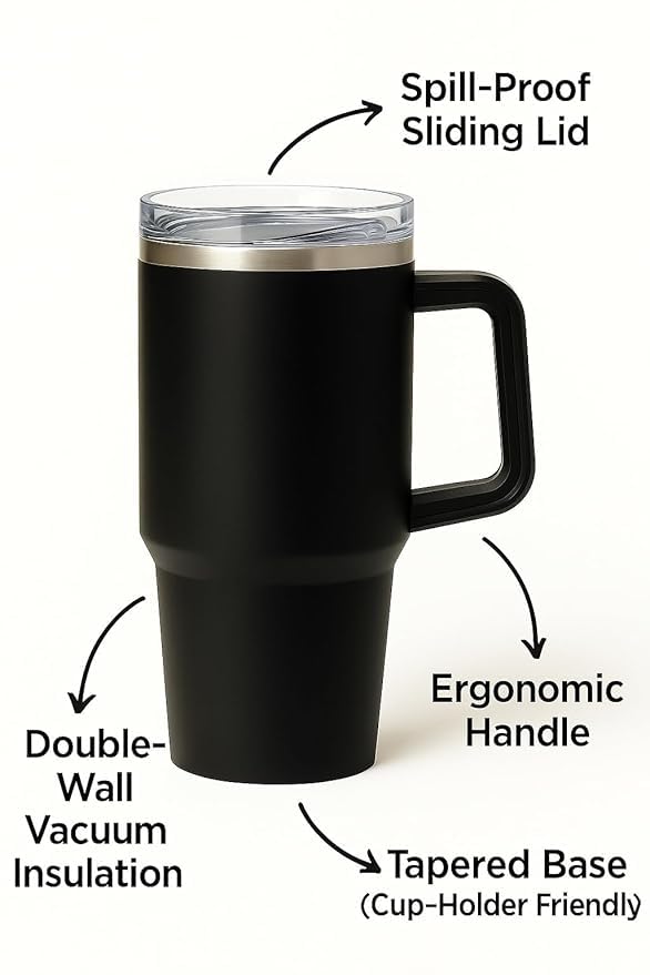 1200ml Stainless Steel Tumbler with Handle & Steel Straw | Double Wall Vacuum Insulated Mug | Spill Proof Lid | Beer & Cold Drink Travel Cup (Purple) (Black)