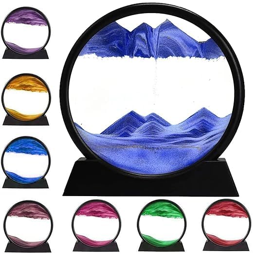 Multicolor 3D Dynamic Sand Art Liquid Motion, Moving Sand Art Picture Round Glass 3D Deep Sea Sandscape in Motion Display Flowing Sand Frame Relaxing Desktop Home Office Work Decor