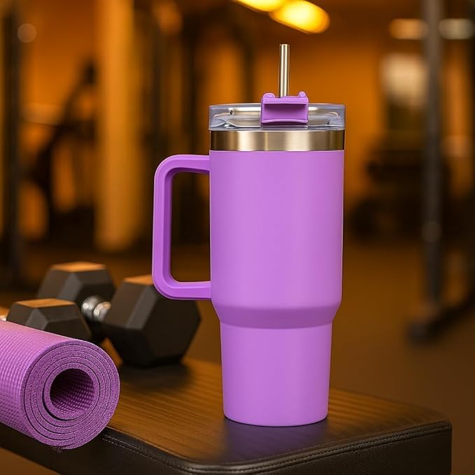 1200ml Stainless Steel Tumbler with Handle & Steel Straw | Double Wall Vacuum Insulated Mug | Spill Proof Lid | Beer & Cold Drink Travel Cup (Purple) (Black)