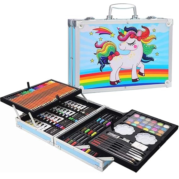 145 Pieces Art Set for Kids. 145 Pcs Color Set. Unicorn Painting Box. Drawing Colour Pencils, Oil Pastel, Watercolours, Sketches, Crayons & Paint Brush. Vanity Color Box for School Projects. (Pink)