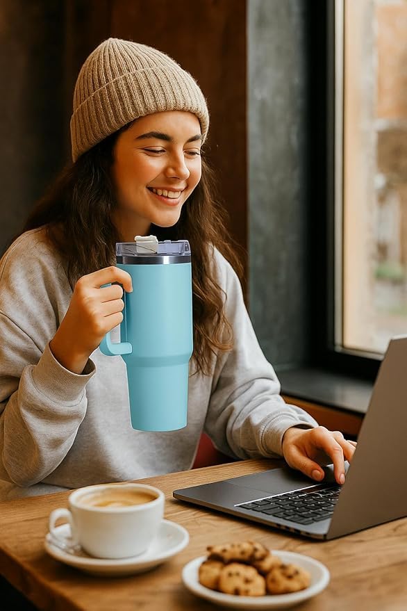 1200ml Stainless Steel Tumbler with Handle & Steel Straw | Double Wall Vacuum Insulated Mug | Spill Proof Lid | Beer & Cold Drink Travel Cup (Purple) (Black)