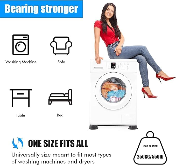 Rubber Pack of 4 Washer Dryer Anti Vibration Pads with Suction Cup Feet, Fridge Washing Machine Leveling Feet Anti Walk Pads Shock Absorber Furniture Lifting Base (4 Piece)