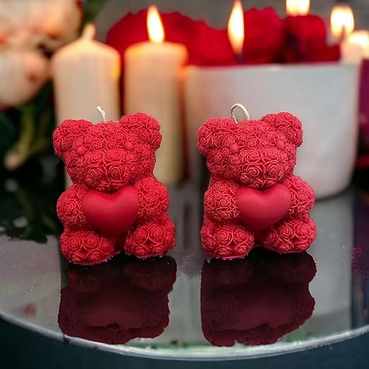 Multicolor Scentious Love Teddy Bear Candle - Small Rose Bear- Valentine Candles - 3D Scented Candles- Gift Pack (Small Rose Bear | Red | 2 Pcs)