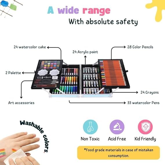 145 Pieces Art Set for Kids. 145 Pcs Color Set. Unicorn Painting Box. Drawing Colour Pencils, Oil Pastel, Watercolours, Sketches, Crayons & Paint Brush. Vanity Color Box for School Projects. (Pink)