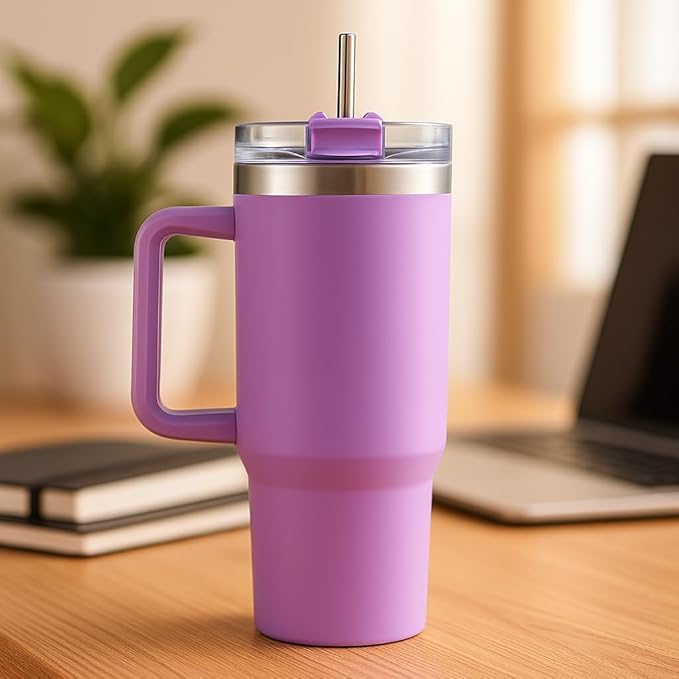 1200ml Stainless Steel Tumbler with Handle & Steel Straw | Double Wall Vacuum Insulated Mug | Spill Proof Lid | Beer & Cold Drink Travel Cup (Purple) (Black)