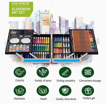 145 Pieces Art Set for Kids. 145 Pcs Color Set. Unicorn Painting Box. Drawing Colour Pencils, Oil Pastel, Watercolours, Sketches, Crayons & Paint Brush. Vanity Color Box for School Projects. (Pink)