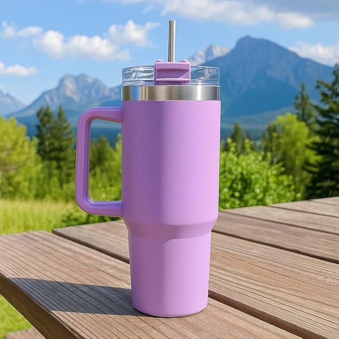 1200ml Stainless Steel Tumbler with Handle & Steel Straw | Double Wall Vacuum Insulated Mug | Spill Proof Lid | Beer & Cold Drink Travel Cup (Purple) (Black)
