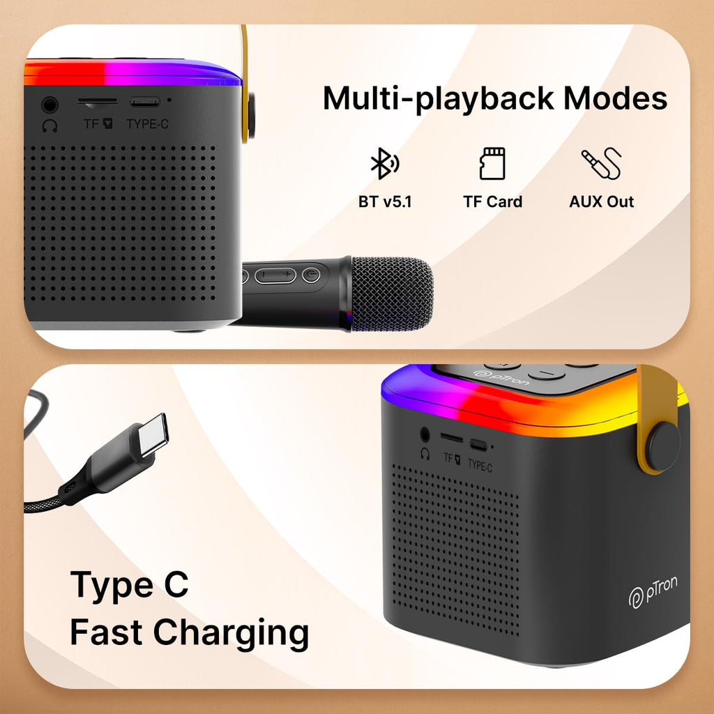 Newly Launched Fusion Tunes 10W Mini Bluetooth Speaker, Wireless Karaoke Mic, 8Hrs Playtime, Vivid RGB Lights, Voice Effects, Multi-Play Modes BT5.1/TF Card & Type-C Charging (Light Pink)