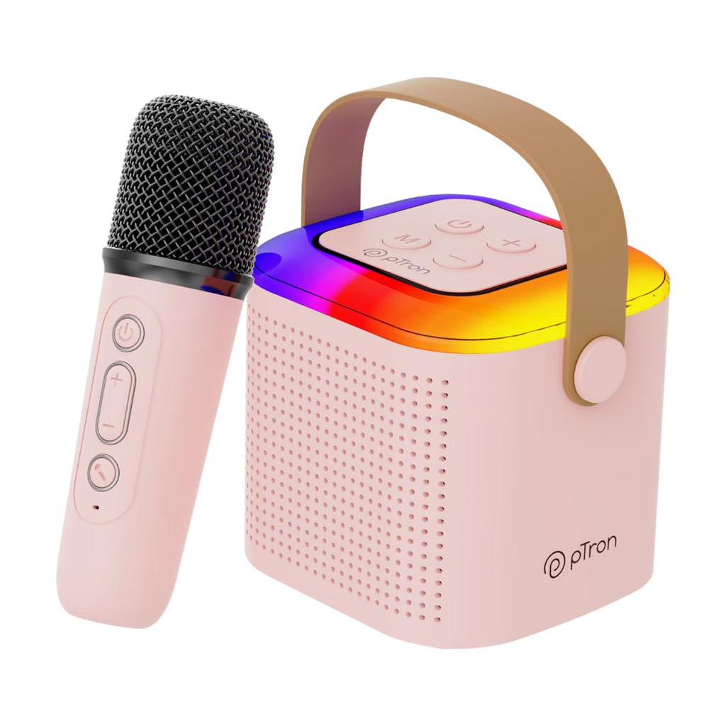 Newly Launched Fusion Tunes 10W Mini Bluetooth Speaker, Wireless Karaoke Mic, 8Hrs Playtime, Vivid RGB Lights, Voice Effects, Multi-Play Modes BT5.1/TF Card & Type-C Charging (Light Pink)