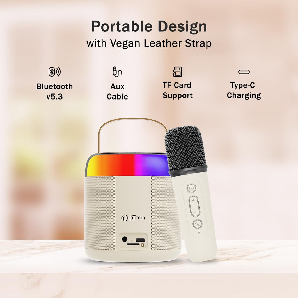 Newly Launched Fusion Tunes 10W Mini Bluetooth Speaker, Wireless Karaoke Mic, 8Hrs Playtime, Vivid RGB Lights, Voice Effects, Multi-Play Modes BT5.1/TF Card & Type-C Charging (Light Pink)