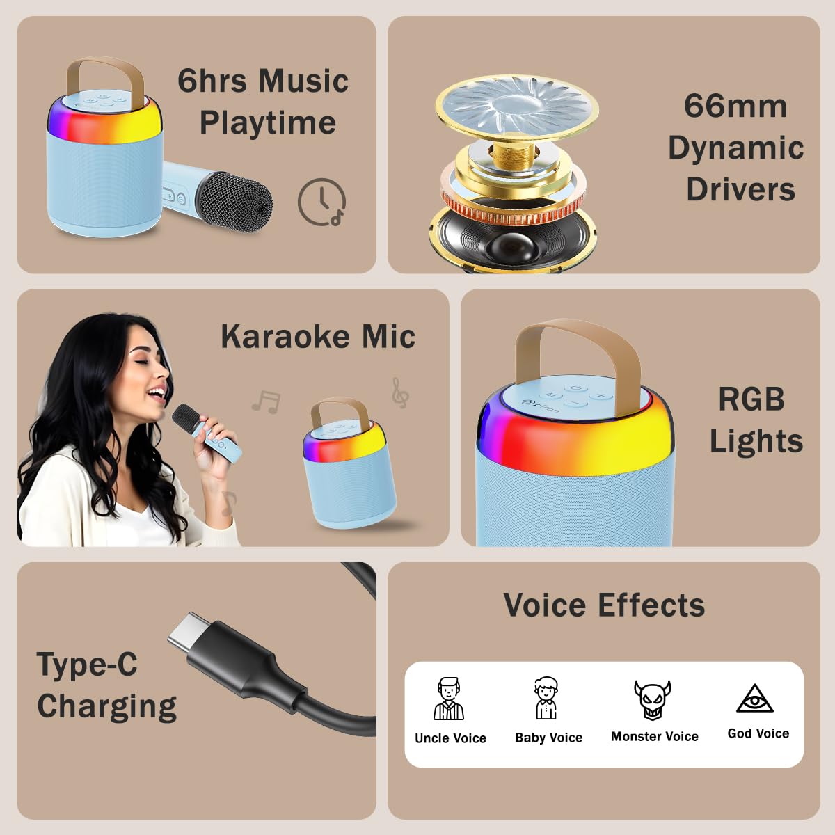 Newly Launched Fusion Tunes 10W Mini Bluetooth Speaker, Wireless Karaoke Mic, 8Hrs Playtime, Vivid RGB Lights, Voice Effects, Multi-Play Modes BT5.1/TF Card & Type-C Charging (Light Pink)