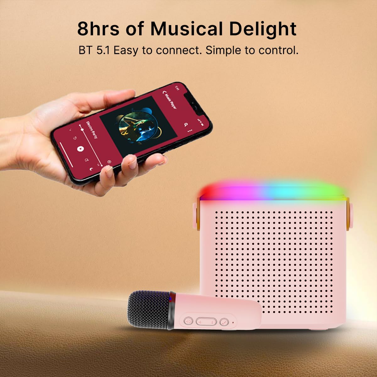 Newly Launched Fusion Tunes 10W Mini Bluetooth Speaker, Wireless Karaoke Mic, 8Hrs Playtime, Vivid RGB Lights, Voice Effects, Multi-Play Modes BT5.1/TF Card & Type-C Charging (Light Pink)