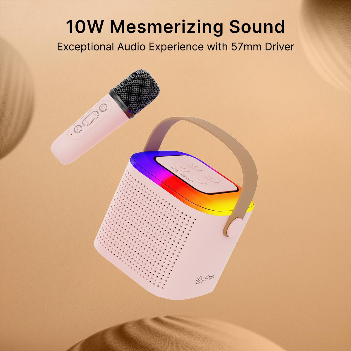 Newly Launched Fusion Tunes 10W Mini Bluetooth Speaker, Wireless Karaoke Mic, 8Hrs Playtime, Vivid RGB Lights, Voice Effects, Multi-Play Modes BT5.1/TF Card & Type-C Charging (Light Pink)