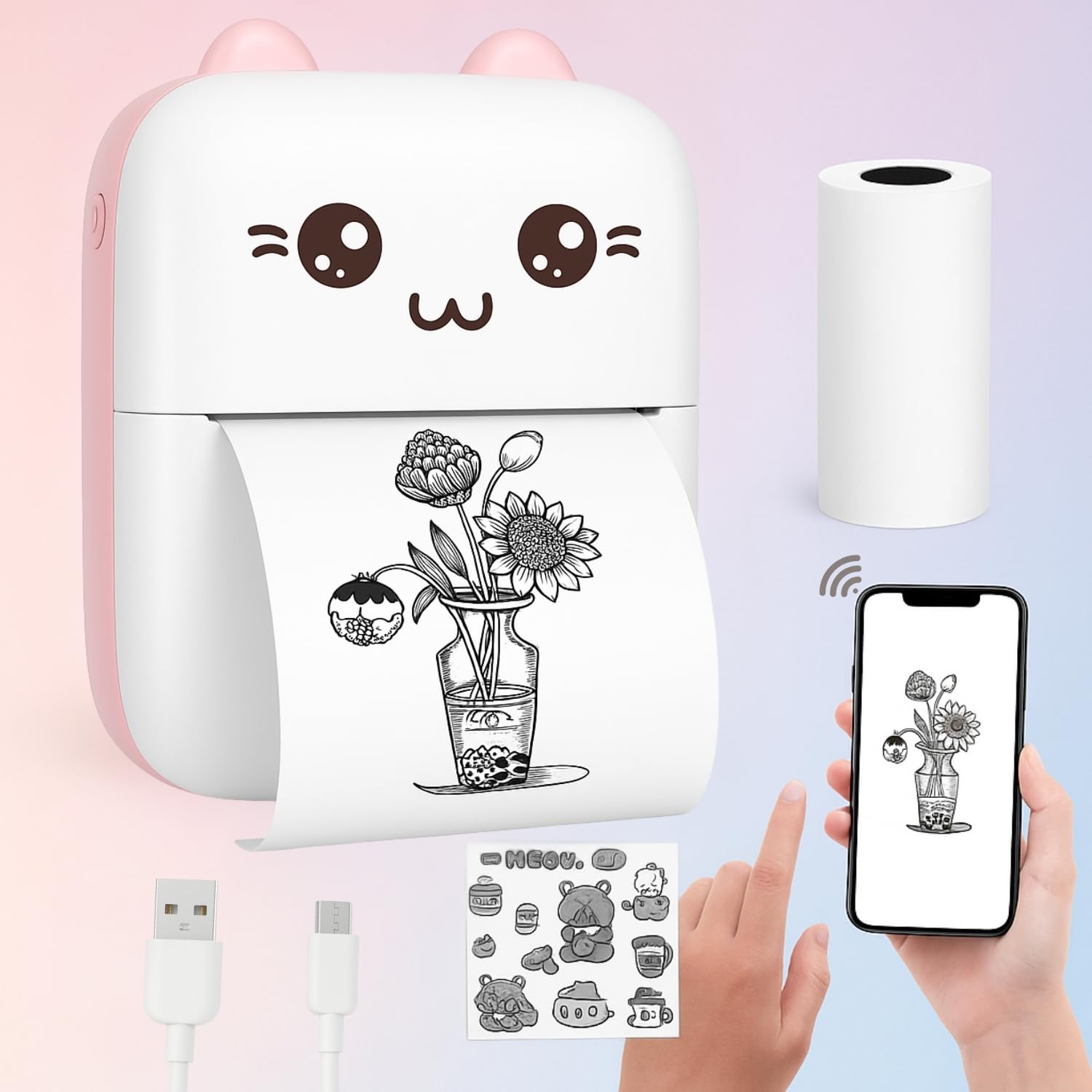 Mini Portable Thermal Printer – Bluetooth Wireless Photo & Label Printer for Kids with 1 Paper Roll – 57mm Black & White Pocket Printer for Mobile, School, Stickers (Assorted)