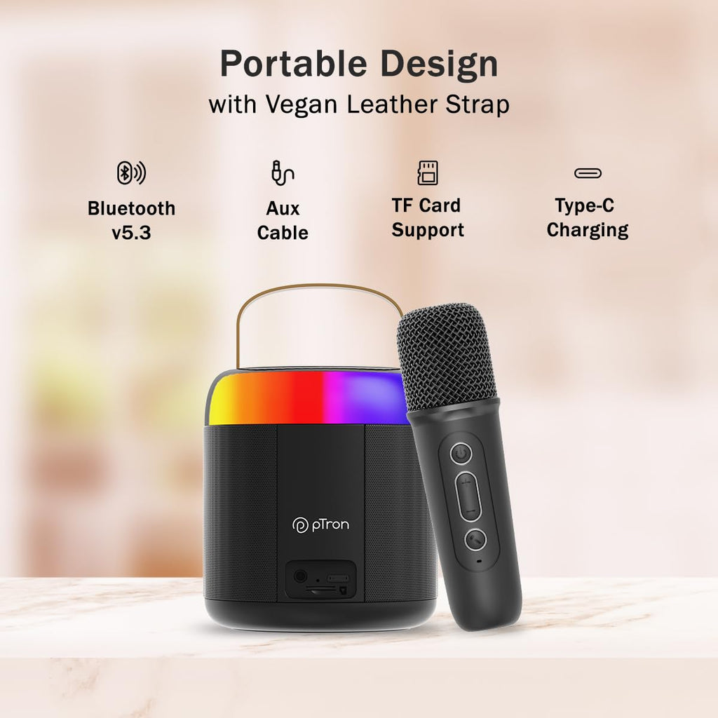 Newly Launched Fusion Tunes 10W Mini Bluetooth Speaker, Wireless Karaoke Mic, 8Hrs Playtime, Vivid RGB Lights, Voice Effects, Multi-Play Modes BT5.1/TF Card & Type-C Charging (Light Pink)