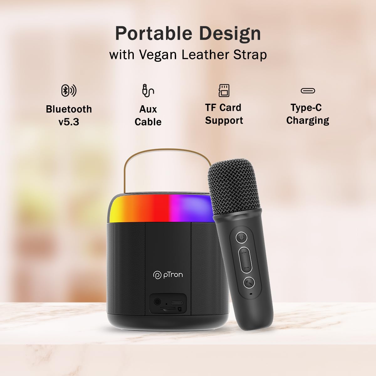 Newly Launched Fusion Tunes 10W Mini Bluetooth Speaker, Wireless Karaoke Mic, 8Hrs Playtime, Vivid RGB Lights, Voice Effects, Multi-Play Modes BT5.1/TF Card & Type-C Charging (Light Pink)