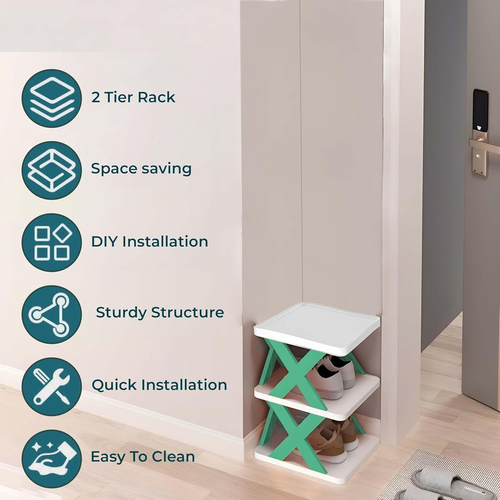 Foldable Plastic Shoe Rack – 3 Layer Multipurpose Organizer for Entryway, Office, Wardrobe & Bedroom | Stackable Storage Shelf for Shoes, Books, Toys (Green)
