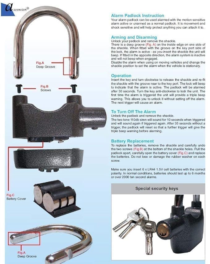 Heavy Duty Anti-Theft Alarm Padlock with Motion Sensor � Waterproof Security Lock with Siren for Home, Gate, Bike, Warehouse, and More(with 3 Keys)