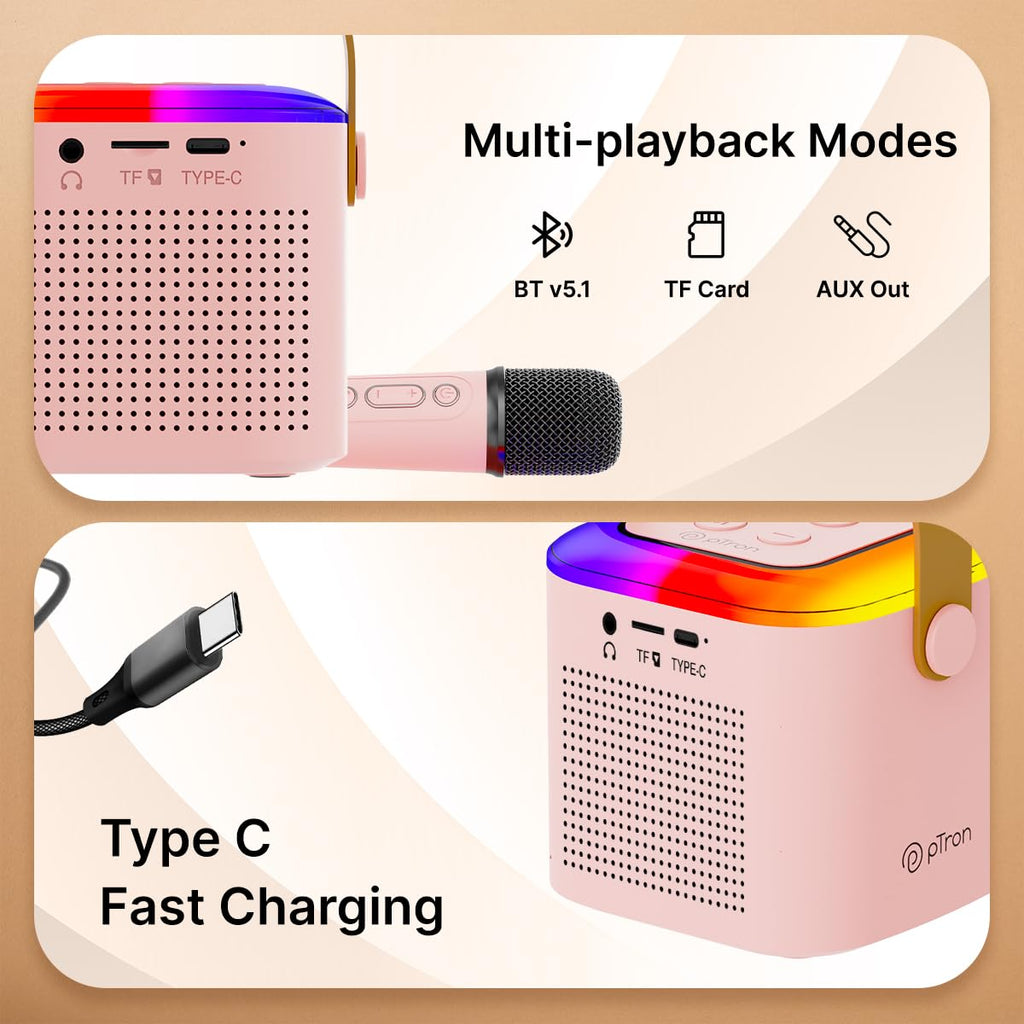 Newly Launched Fusion Tunes 10W Mini Bluetooth Speaker, Wireless Karaoke Mic, 8Hrs Playtime, Vivid RGB Lights, Voice Effects, Multi-Play Modes BT5.1/TF Card & Type-C Charging (Light Pink)