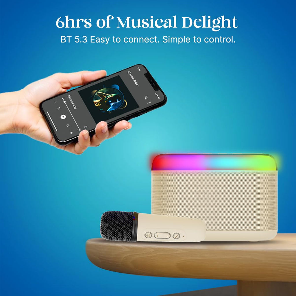 Newly Launched Fusion Tunes 10W Mini Bluetooth Speaker, Wireless Karaoke Mic, 8Hrs Playtime, Vivid RGB Lights, Voice Effects, Multi-Play Modes BT5.1/TF Card & Type-C Charging (Light Pink)