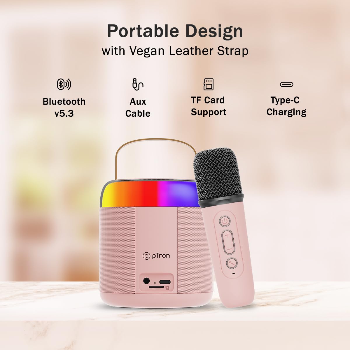 Newly Launched Fusion Tunes 10W Mini Bluetooth Speaker, Wireless Karaoke Mic, 8Hrs Playtime, Vivid RGB Lights, Voice Effects, Multi-Play Modes BT5.1/TF Card & Type-C Charging (Light Pink)