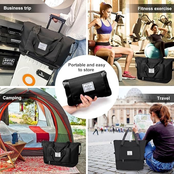 Large Capacity Folding Travel Tote Bag, Waterproof Lightweight Foldable Travel Duffel Bag Portable Expandable Travel Bag, Dry and Wet Carry On Bag