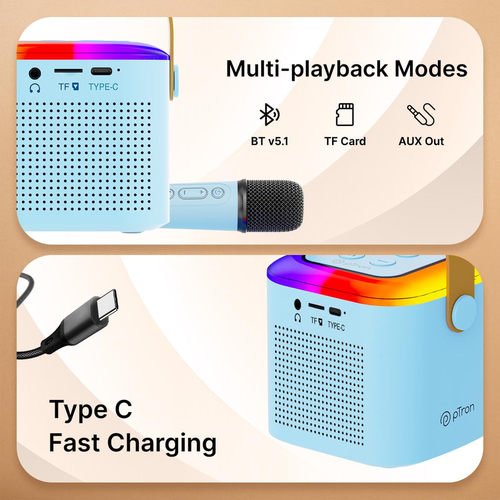 Newly Launched Fusion Tunes 10W Mini Bluetooth Speaker, Wireless Karaoke Mic, 8Hrs Playtime, Vivid RGB Lights, Voice Effects, Multi-Play Modes BT5.1/TF Card & Type-C Charging (Light Pink)