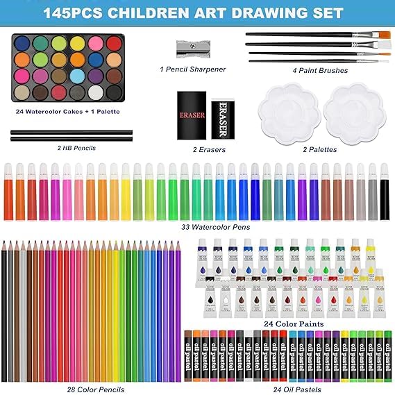 145 Pieces Art Set for Kids. 145 Pcs Color Set. Unicorn Painting Box. Drawing Colour Pencils, Oil Pastel, Watercolours, Sketches, Crayons & Paint Brush. Vanity Color Box for School Projects. (Pink)