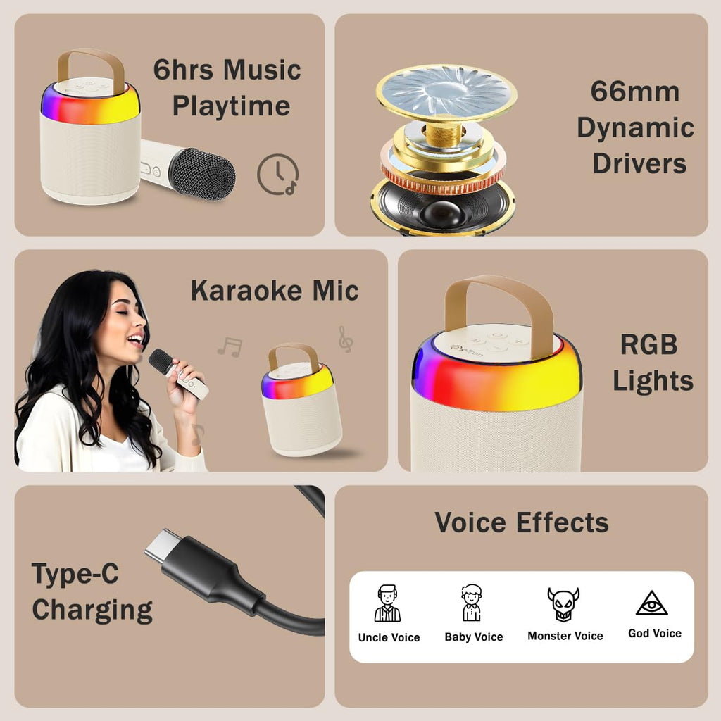 Newly Launched Fusion Tunes 10W Mini Bluetooth Speaker, Wireless Karaoke Mic, 8Hrs Playtime, Vivid RGB Lights, Voice Effects, Multi-Play Modes BT5.1/TF Card & Type-C Charging (Light Pink)