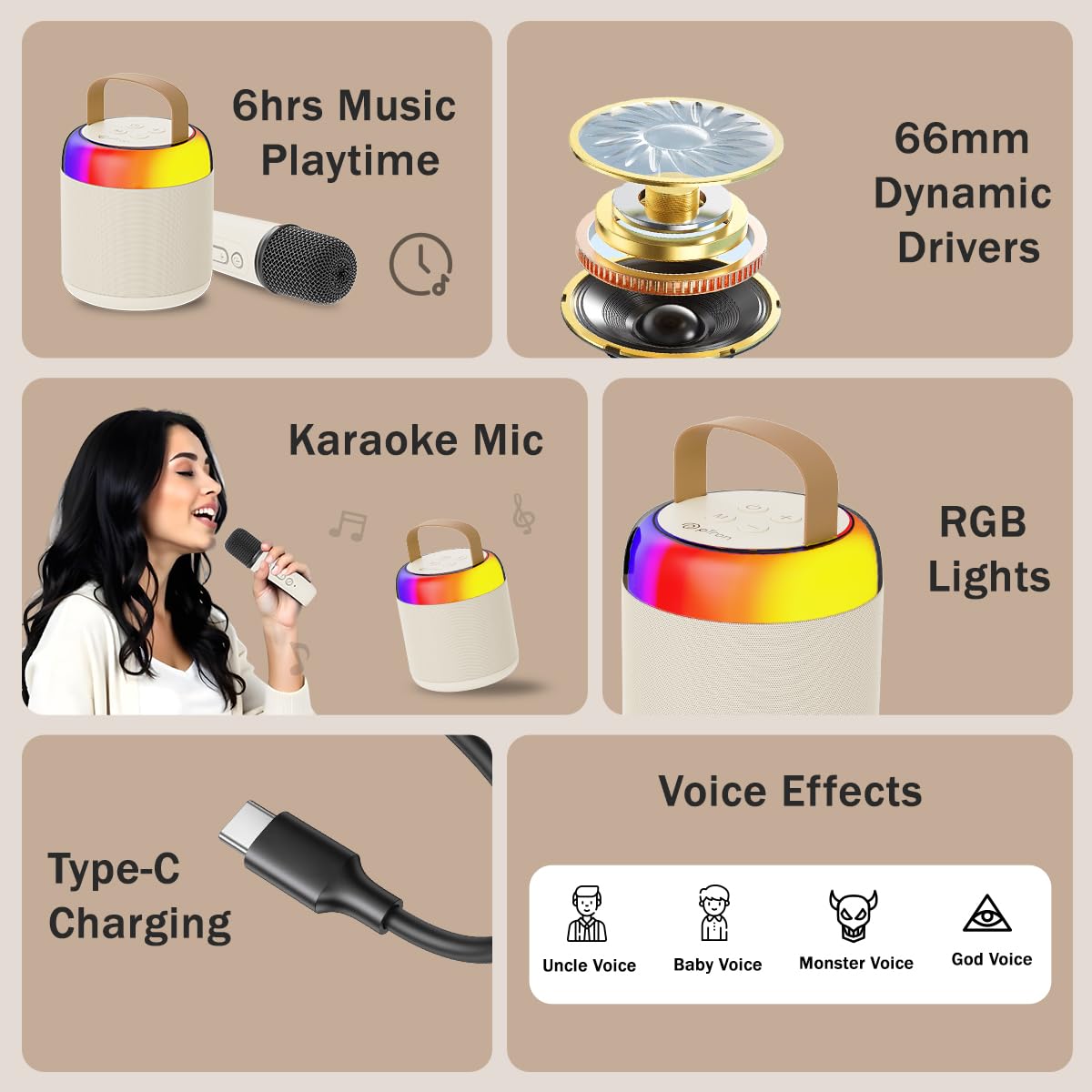 Newly Launched Fusion Tunes 10W Mini Bluetooth Speaker, Wireless Karaoke Mic, 8Hrs Playtime, Vivid RGB Lights, Voice Effects, Multi-Play Modes BT5.1/TF Card & Type-C Charging (Light Pink)