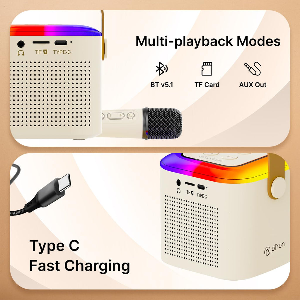 Newly Launched Fusion Tunes 10W Mini Bluetooth Speaker, Wireless Karaoke Mic, 8Hrs Playtime, Vivid RGB Lights, Voice Effects, Multi-Play Modes BT5.1/TF Card & Type-C Charging (Light Pink)