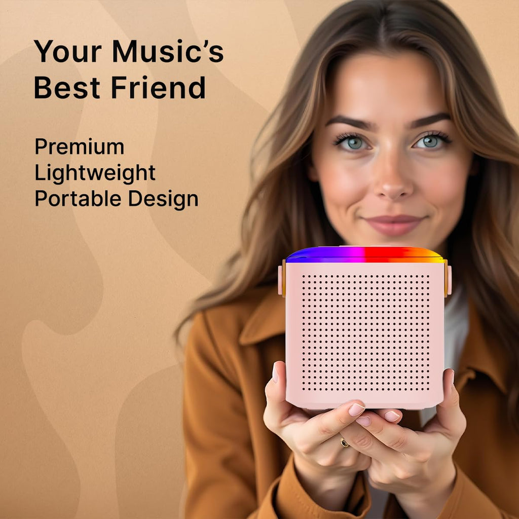 Newly Launched Fusion Tunes 10W Mini Bluetooth Speaker, Wireless Karaoke Mic, 8Hrs Playtime, Vivid RGB Lights, Voice Effects, Multi-Play Modes BT5.1/TF Card & Type-C Charging (Light Pink)