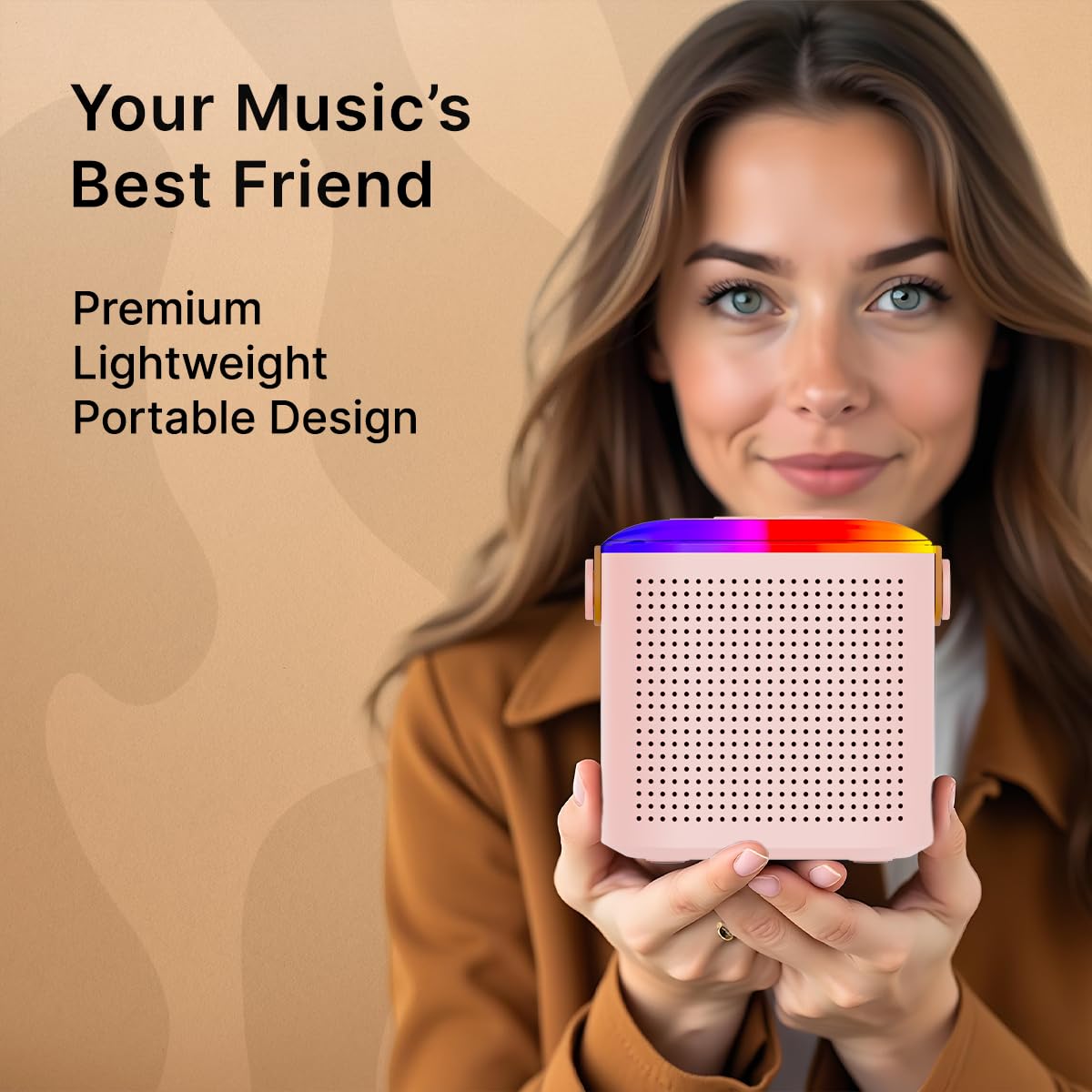 Newly Launched Fusion Tunes 10W Mini Bluetooth Speaker, Wireless Karaoke Mic, 8Hrs Playtime, Vivid RGB Lights, Voice Effects, Multi-Play Modes BT5.1/TF Card & Type-C Charging (Light Pink)