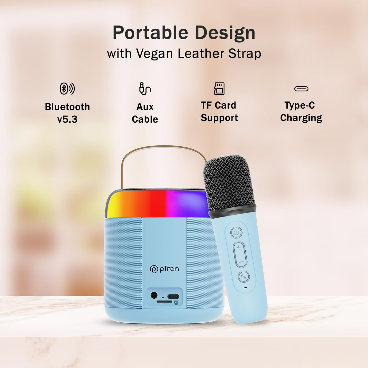 Newly Launched Fusion Tunes 10W Mini Bluetooth Speaker, Wireless Karaoke Mic, 8Hrs Playtime, Vivid RGB Lights, Voice Effects, Multi-Play Modes BT5.1/TF Card & Type-C Charging (Light Pink)