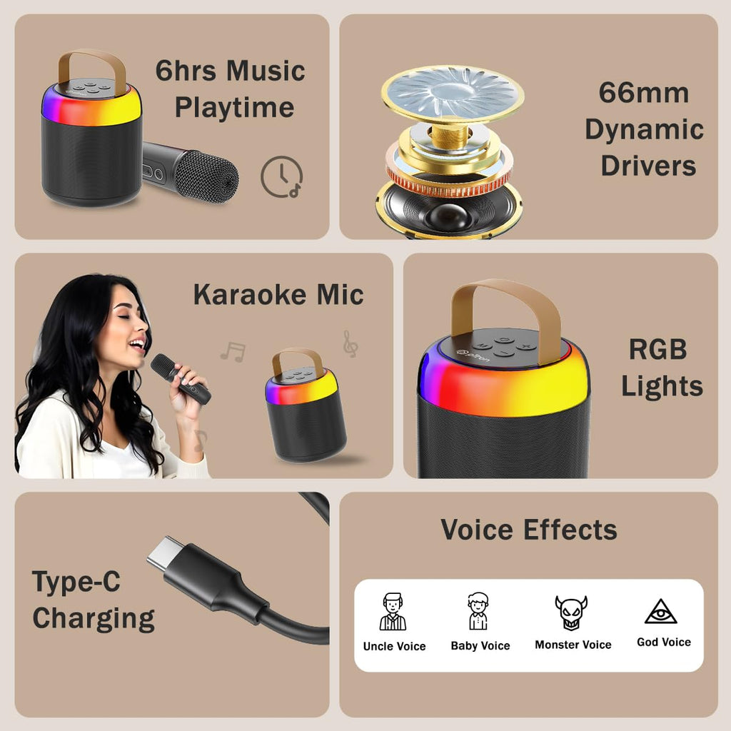 Newly Launched Fusion Tunes 10W Mini Bluetooth Speaker, Wireless Karaoke Mic, 8Hrs Playtime, Vivid RGB Lights, Voice Effects, Multi-Play Modes BT5.1/TF Card & Type-C Charging (Light Pink)
