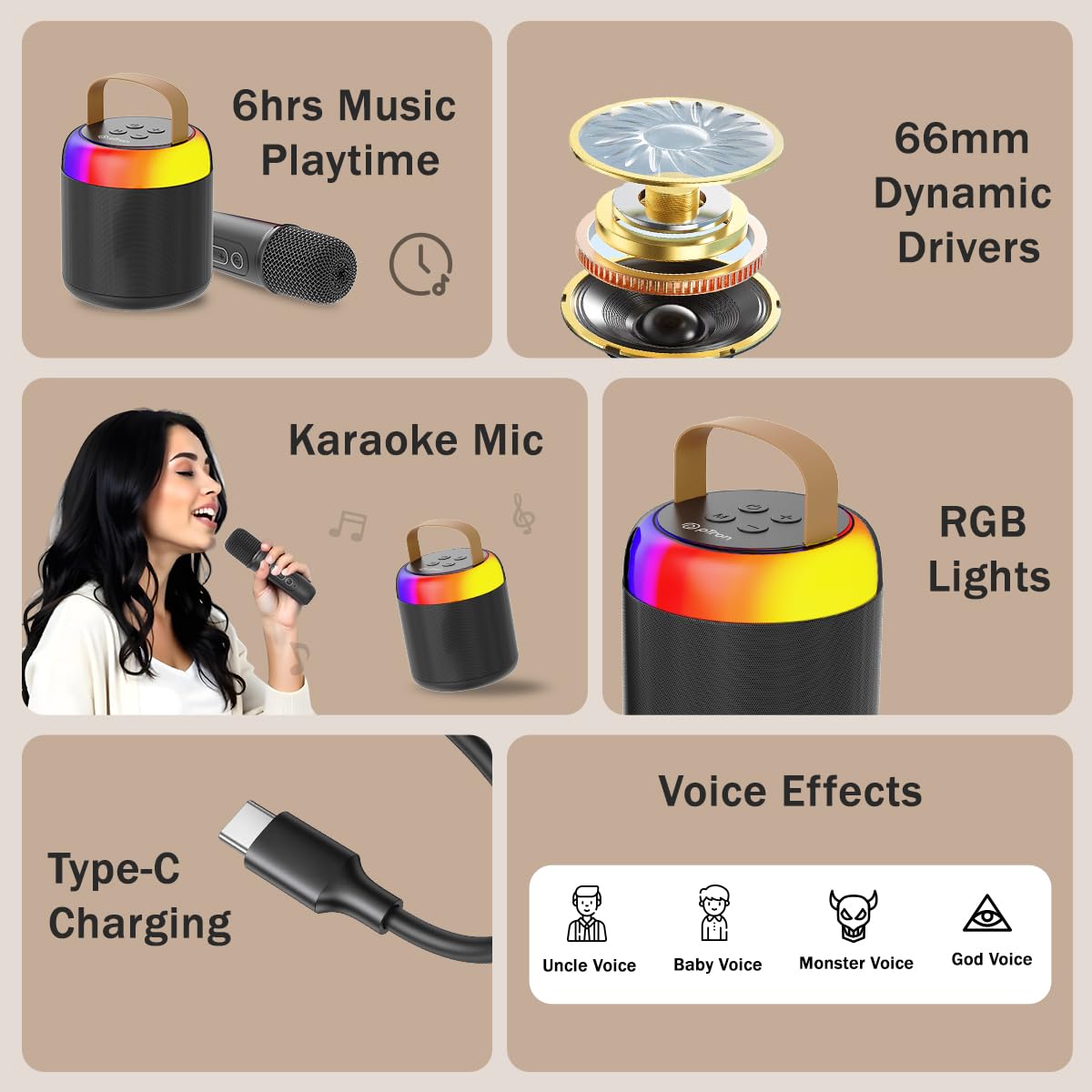 Newly Launched Fusion Tunes 10W Mini Bluetooth Speaker, Wireless Karaoke Mic, 8Hrs Playtime, Vivid RGB Lights, Voice Effects, Multi-Play Modes BT5.1/TF Card & Type-C Charging (Light Pink)