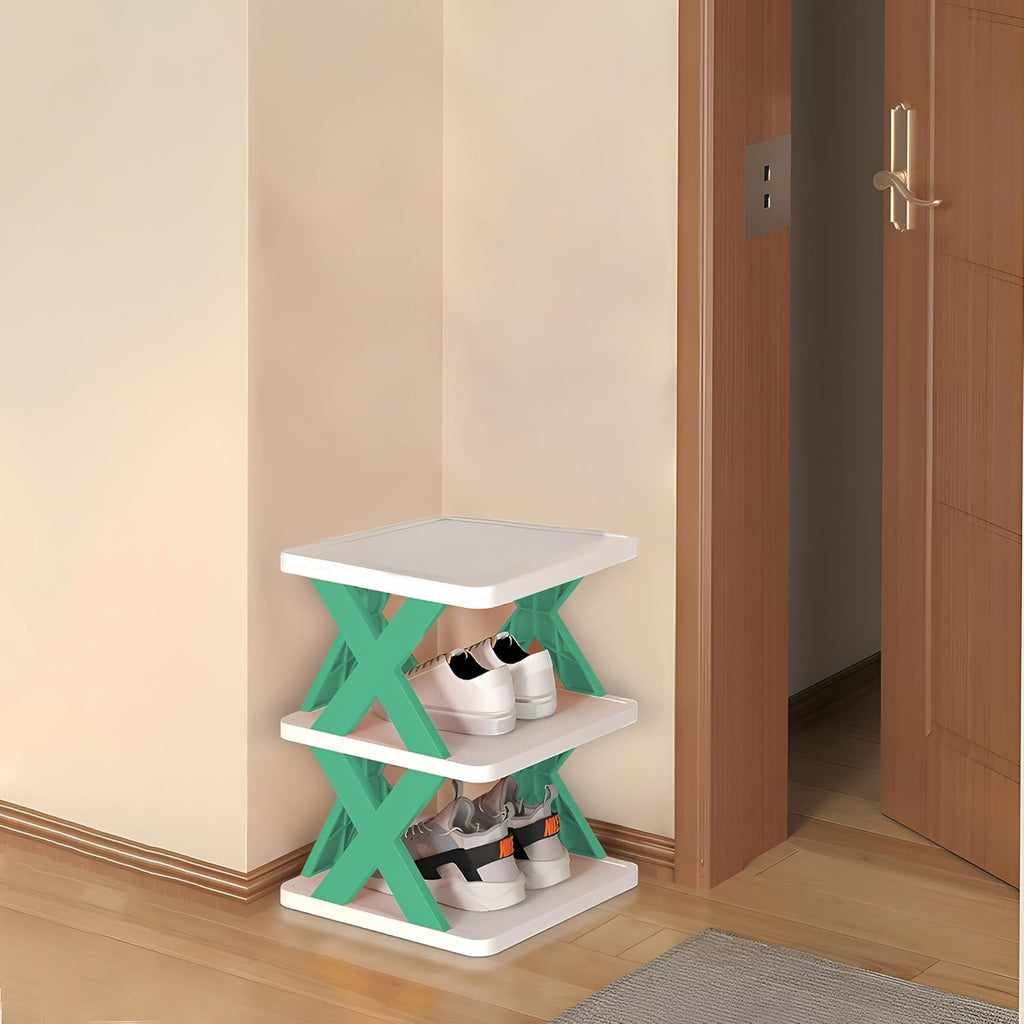 Foldable Plastic Shoe Rack – 3 Layer Multipurpose Organizer for Entryway, Office, Wardrobe & Bedroom | Stackable Storage Shelf for Shoes, Books, Toys (Green)
